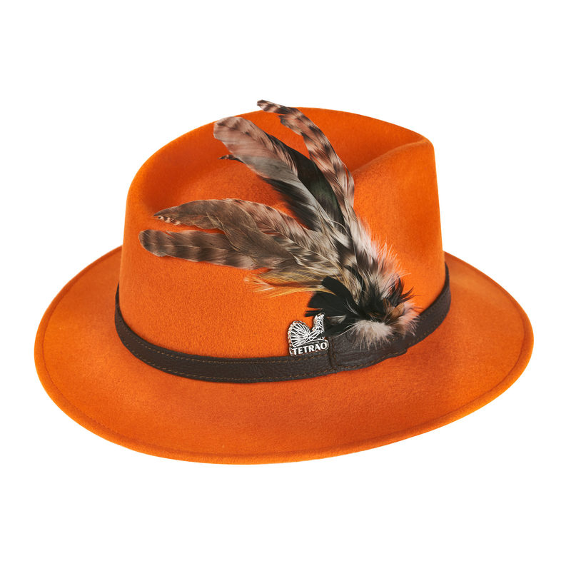 Dámský lovecký klobouk TETRAO – oranžový s koženým řemínkem a peříčky