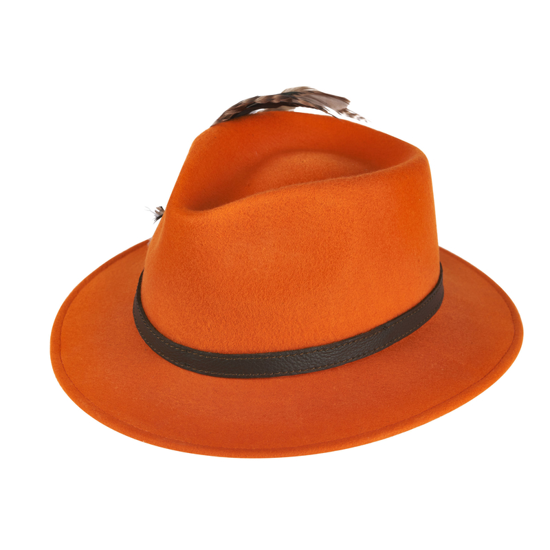 Dámský lovecký klobouk TETRAO – oranžový s koženým řemínkem a peříčky 1