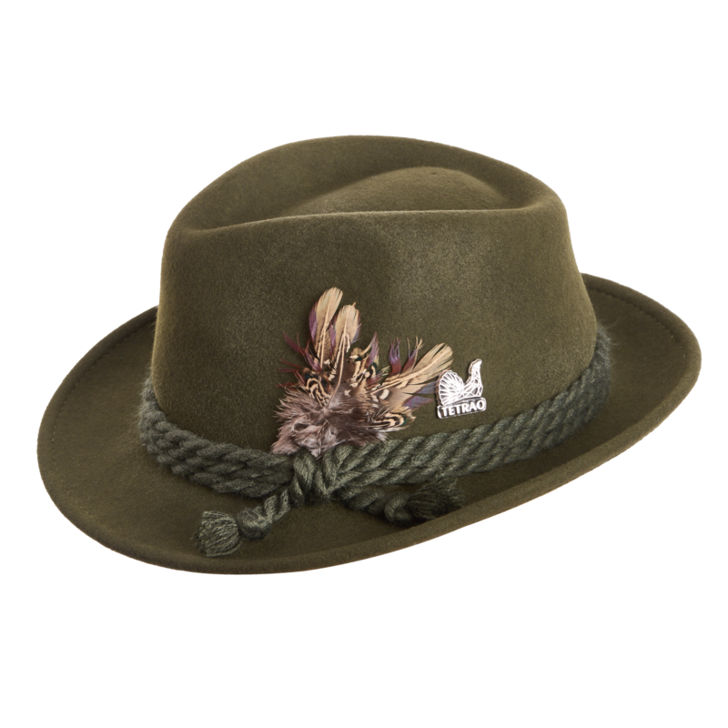 Lovecký klobouk TETRAO - tři zelené šňůrky s pírkem zelený