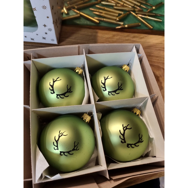 Vánoční koule TETRAO bledá zelená-parohy 8 cm, 4ks