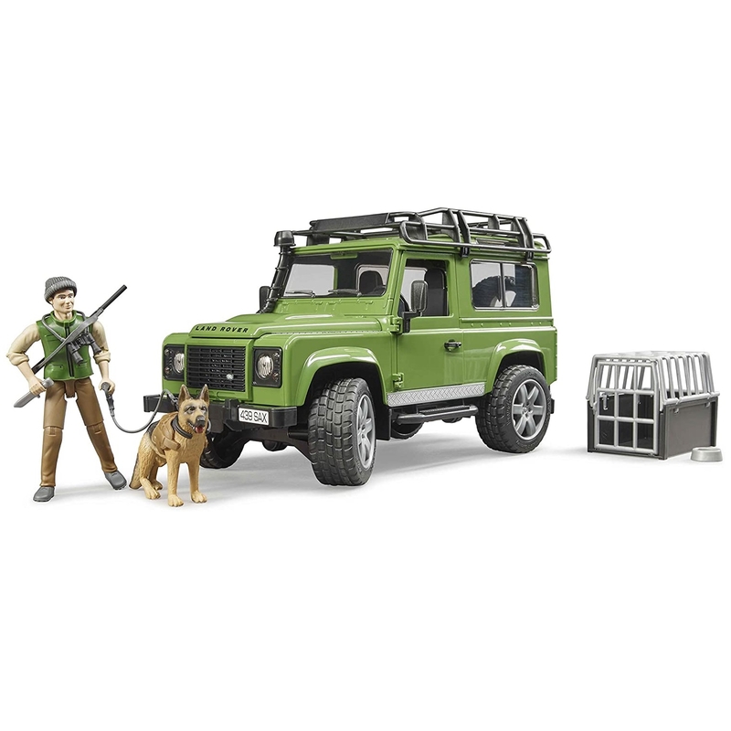 Defender Land Rover Station Wagon s figurkou myslivce a psa BRUDER