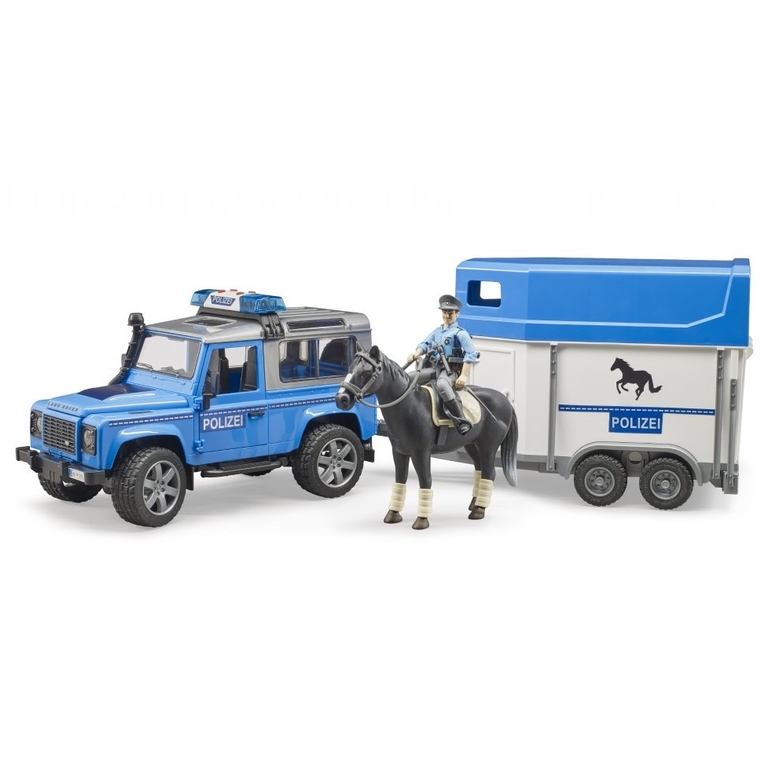 Policejní auto Land Rover s přívěsem, koněm a figurkou policistu BRUDER