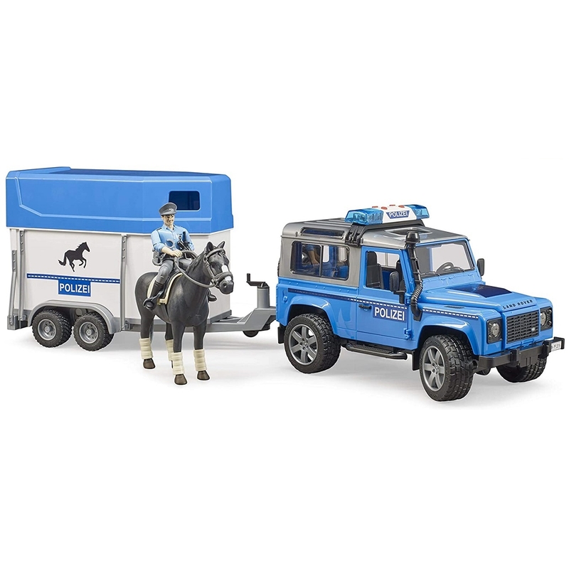Policejní auto Land Rover s přívěsem, koněm a figurkou policistu BRUDER 1