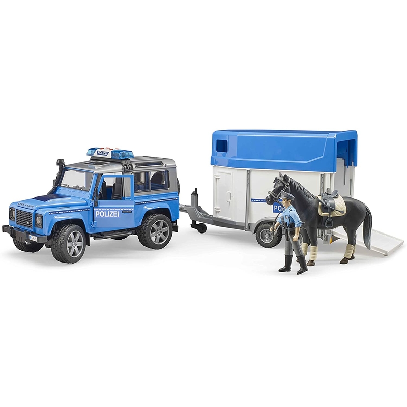 Policejní auto Land Rover s přívěsem, koněm a figurkou policistu BRUDER 2